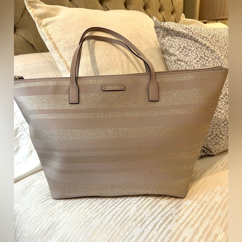 kate spade taupe glitter-striped tote